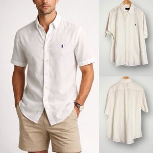 Ralph Lauren Linen Button Down Shirt Mens Size XL Short Sleeve Preppy White EUC